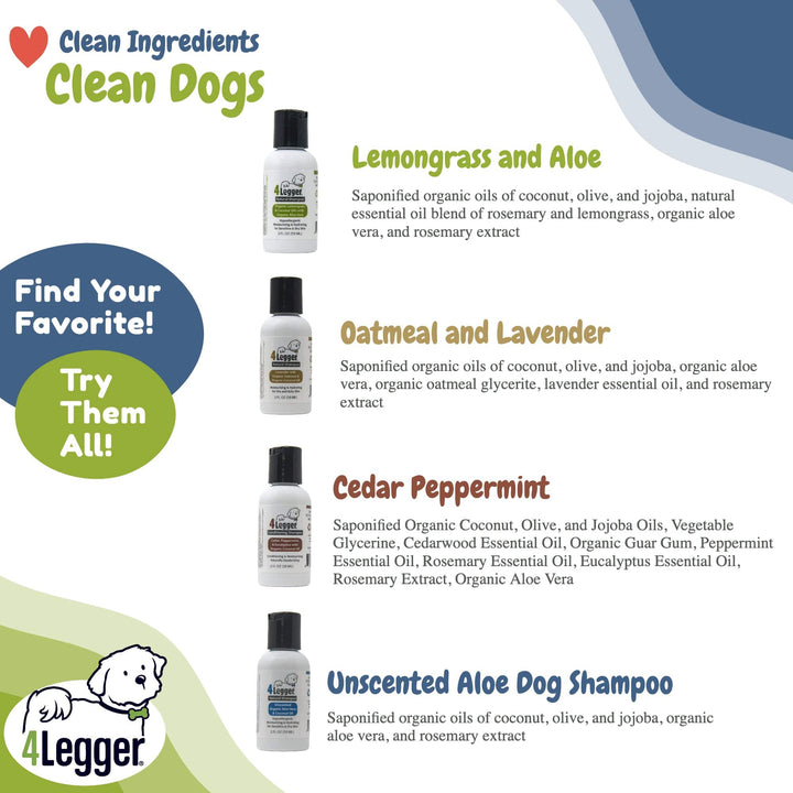 Sample Pack of 4-Legger Natural Dog Shampoo 2 oz each