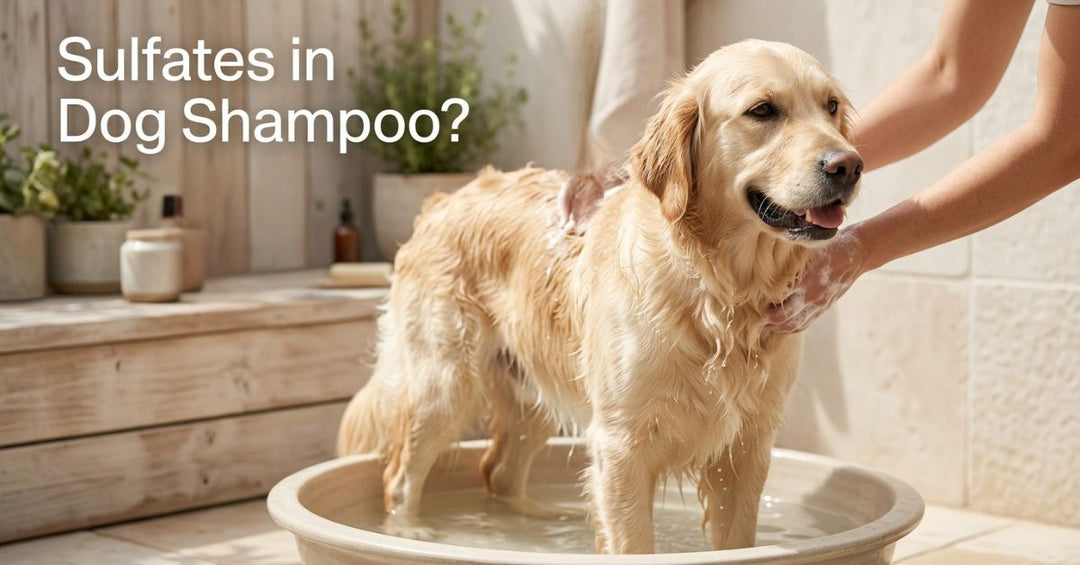 Golden retriever in a bathtub during bath time with sulfate free dog shampoo