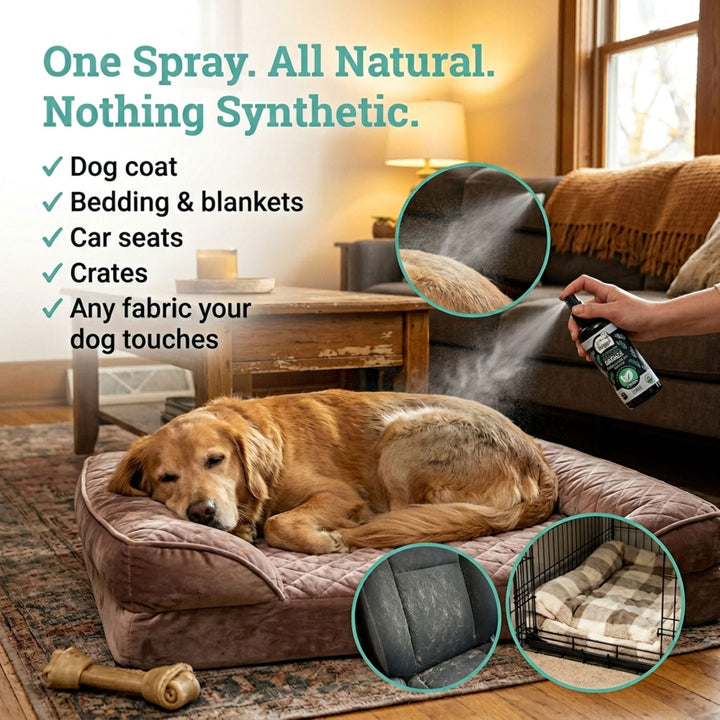 4-Legger ENERGIZE peppermint spray shown on dog coat bedding blanket car seat and crate