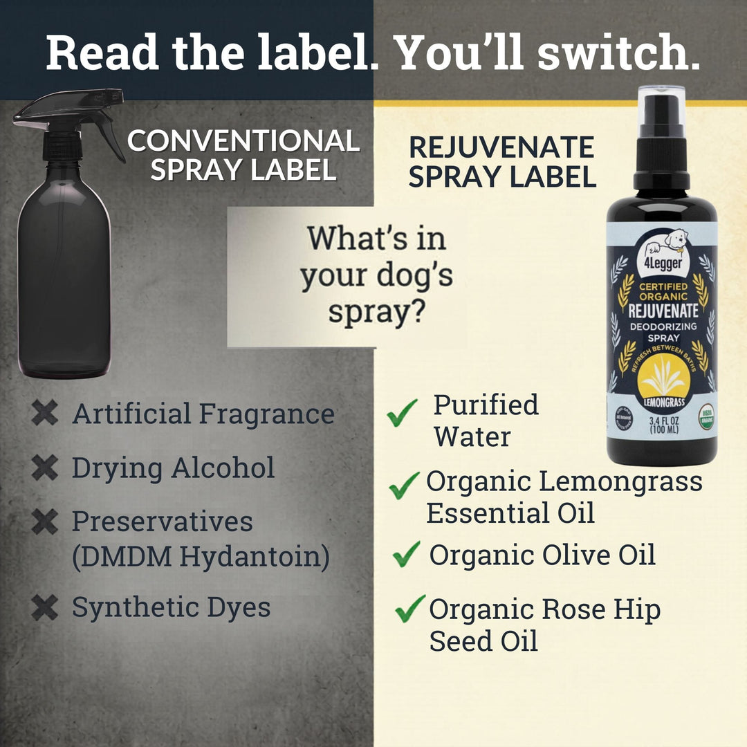 4-Legger lemongrass dog spray vs conventional dog spray ingredient comparison