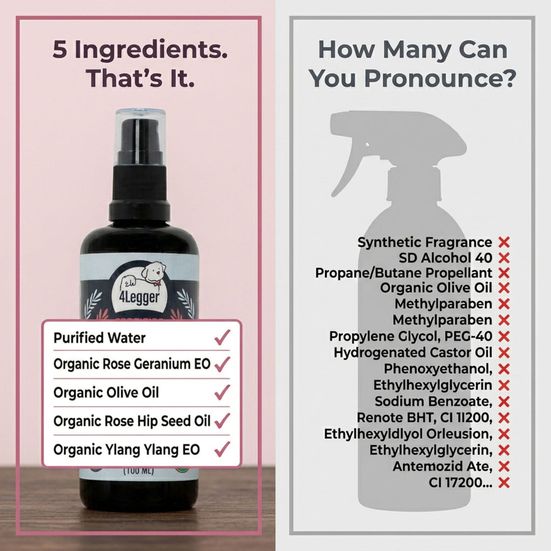 4-Legger organic rose spray vs conventional dog sprays — 5 ingredients vs synthetic chemicals