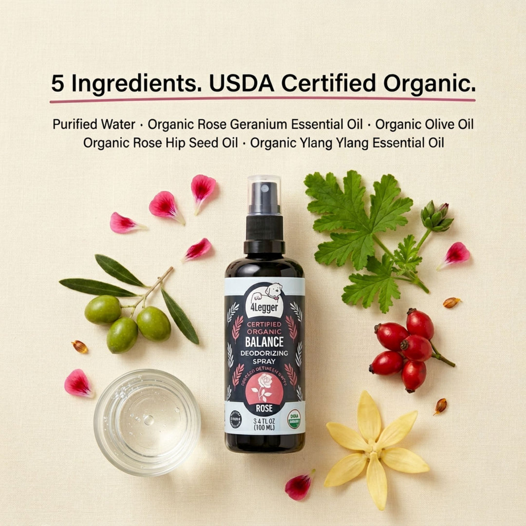 4-Legger rose dog spray flat lay showing 5 USDA certified organic ingredients