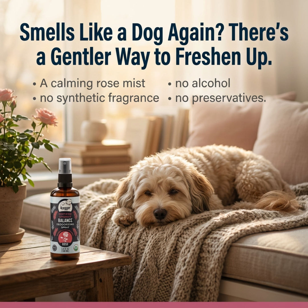 Relaxed dog after 4-Legger BALANCE rose deodorizing spray — calming freshness between baths