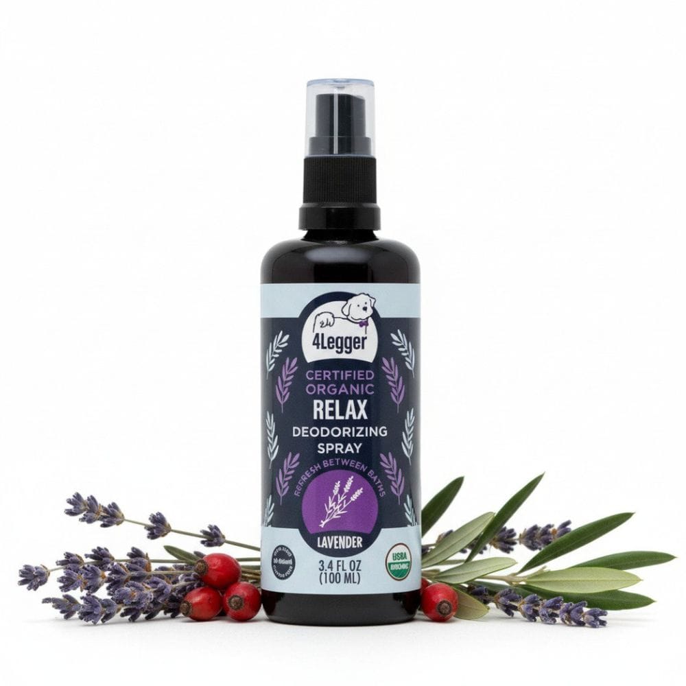 4-Legger USDA Certified Organic Lavender Dog Deodorizing Spray in Miron violet glass bottle with lavender sprigs