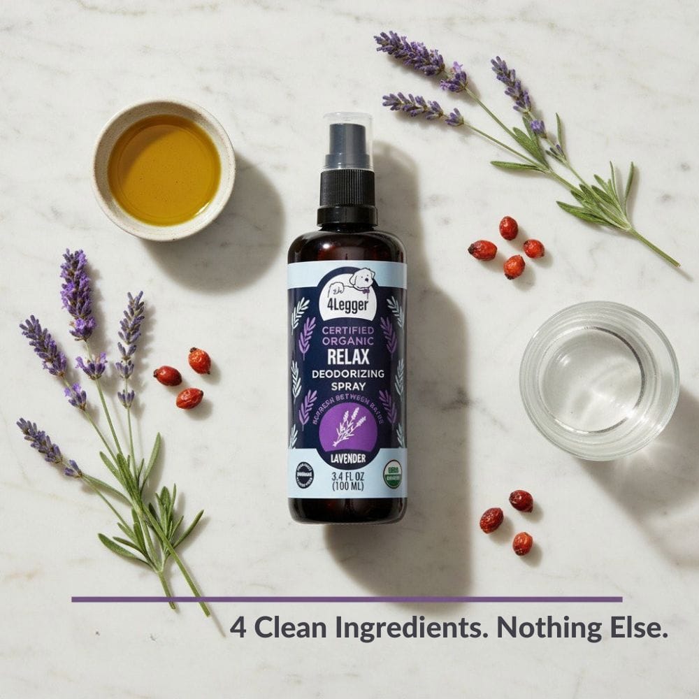 4-Legger lavender dog spray flat lay with organic ingredients