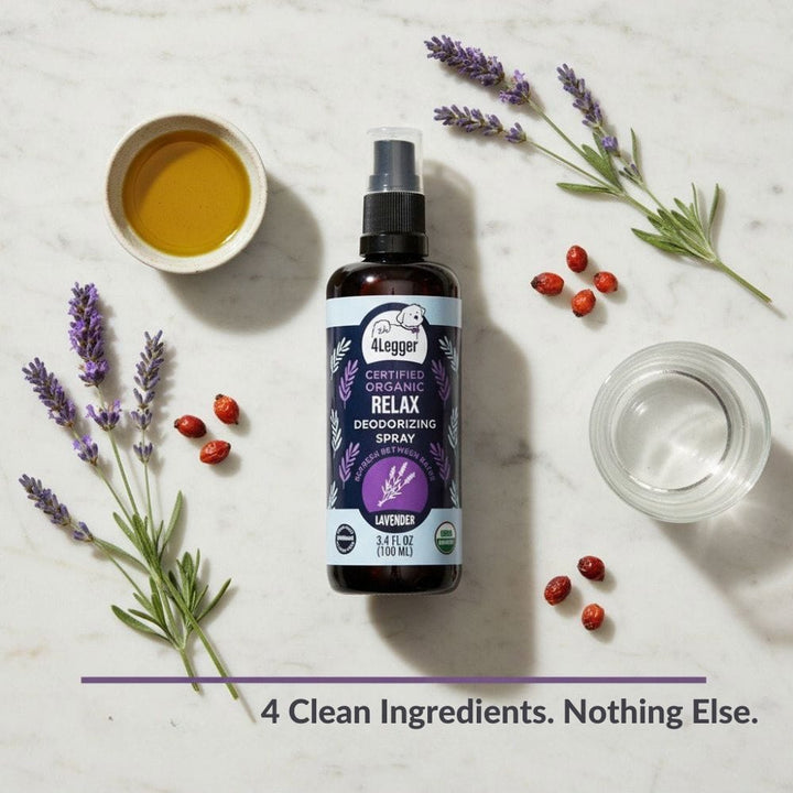 4-Legger lavender dog spray flat lay with organic ingredients