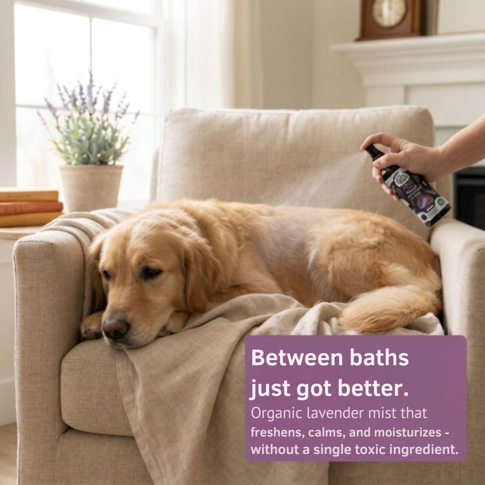 4-Legger lavender deodorizing spray misted on a calm relaxed dog between baths