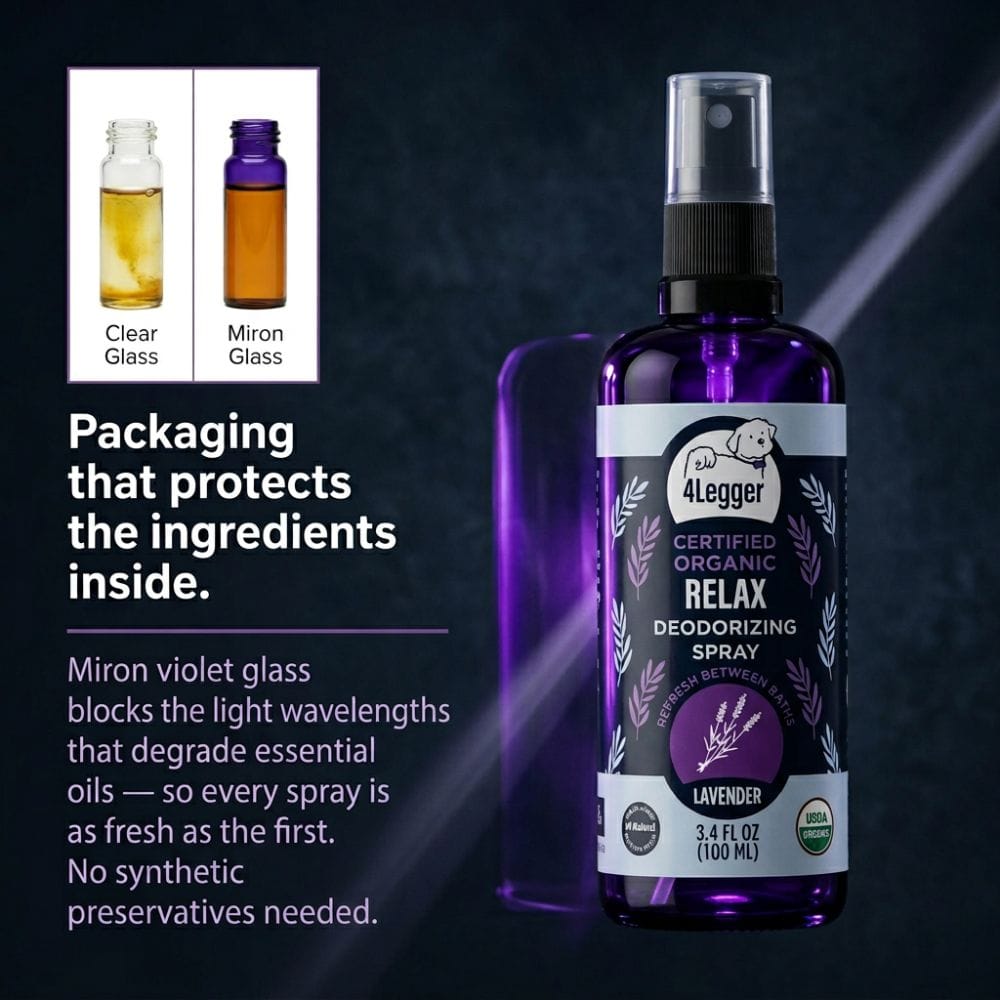 4-Legger organic lavender dog spray in Miron violet glass bottle showing light-protective packaging