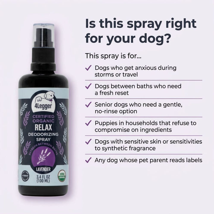 4-Legger lavender dog spray checklist of ideal use cases for anxious senior and sensitive dogs