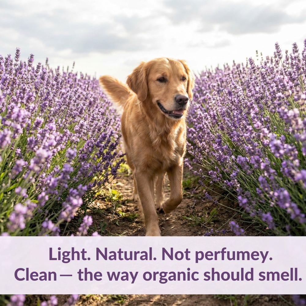 Happy clean dog after 4-Legger organic lavender deodorizing spray with light natural scent