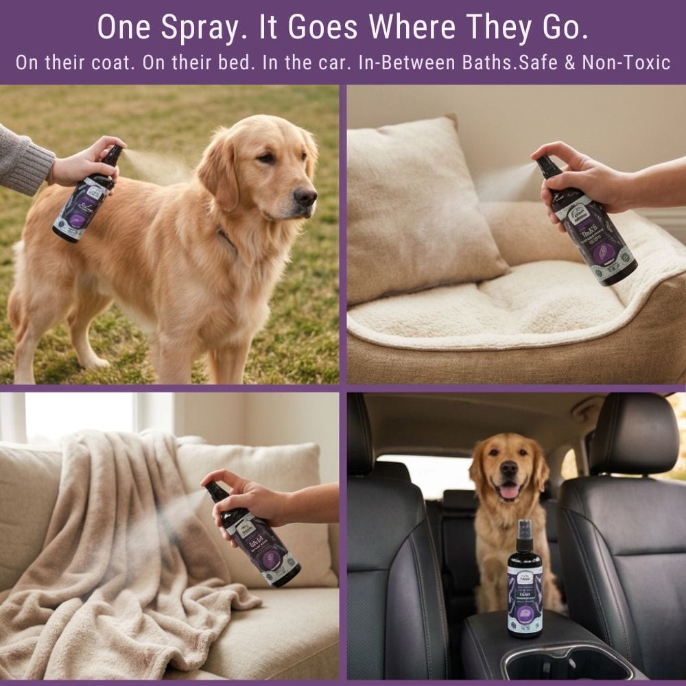 4-Legger lavender spray used on dog coat, bedding, blankets, and car seat — four lifestyle panels