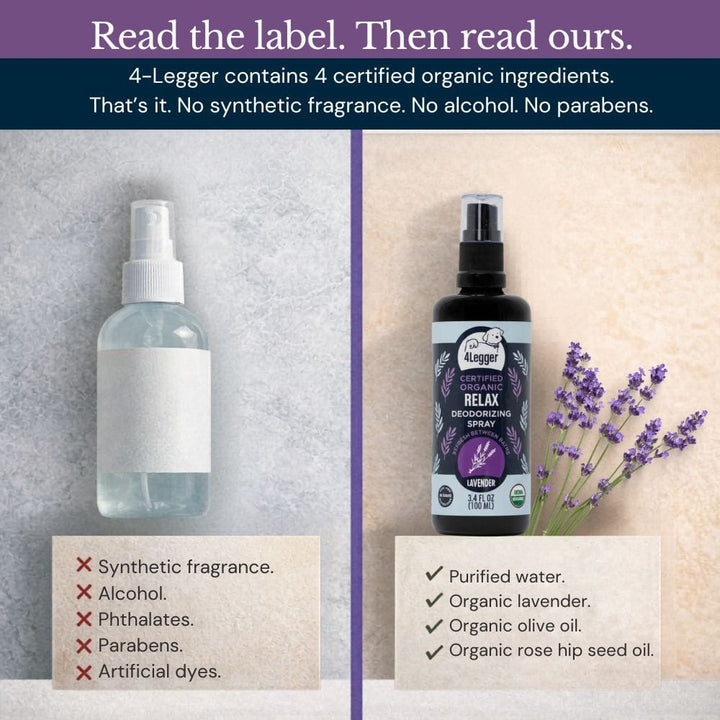 Split panel comparing toxic conventional dog sprays to 4-Legger organic lavender deodorizing spray