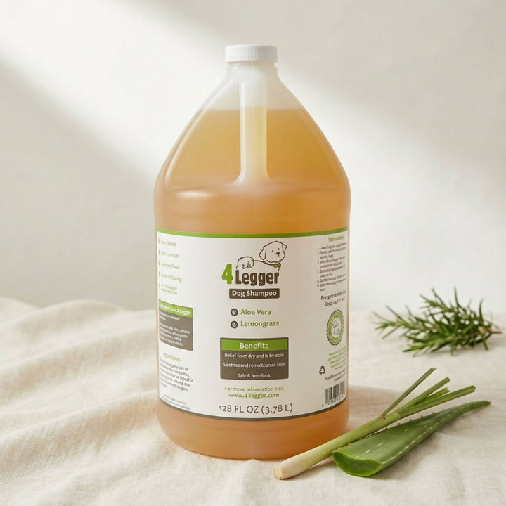 1 gallon size 4-Legger organic lemongrass aloe dog shampoo for groomers kennels and multi-dog households