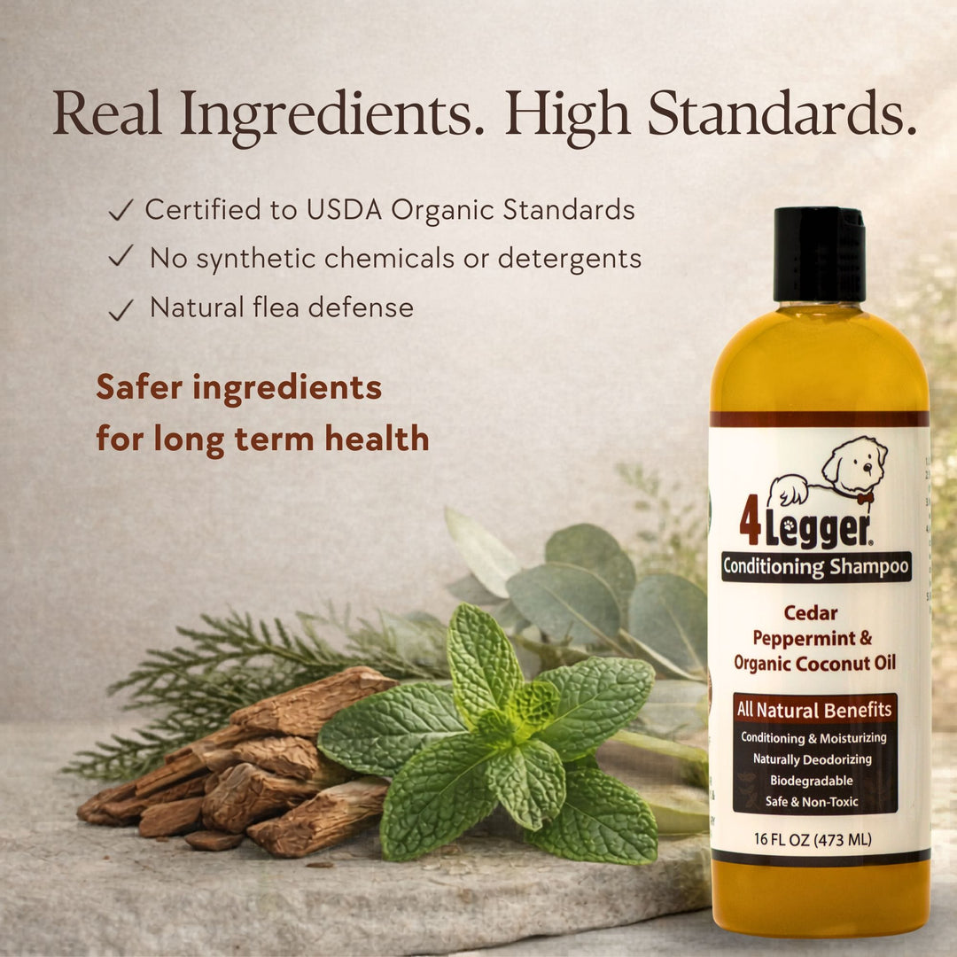 Six organic ingredient icons showing what powers 4-Legger cedar dog shampoo formula