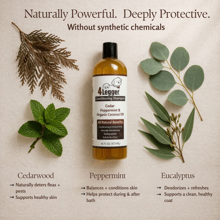 Flat lay of 4-Legger cedar dog shampoo bottle surrounded by organic ingredients