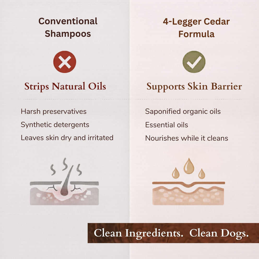 Comparison graphic showing conventional shampoos strip oils versus 4-Legger supports skin barrier