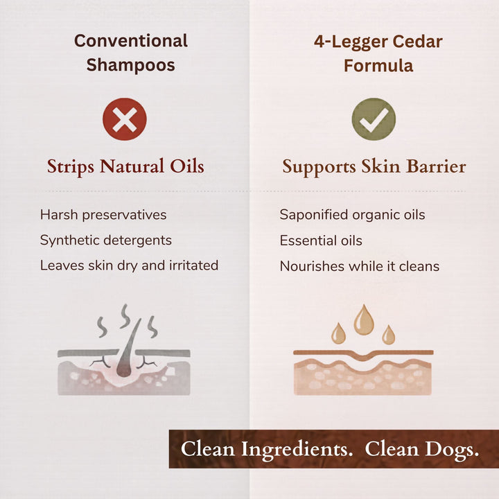 Comparison graphic showing conventional shampoos strip oils versus 4-Legger supports skin barrier