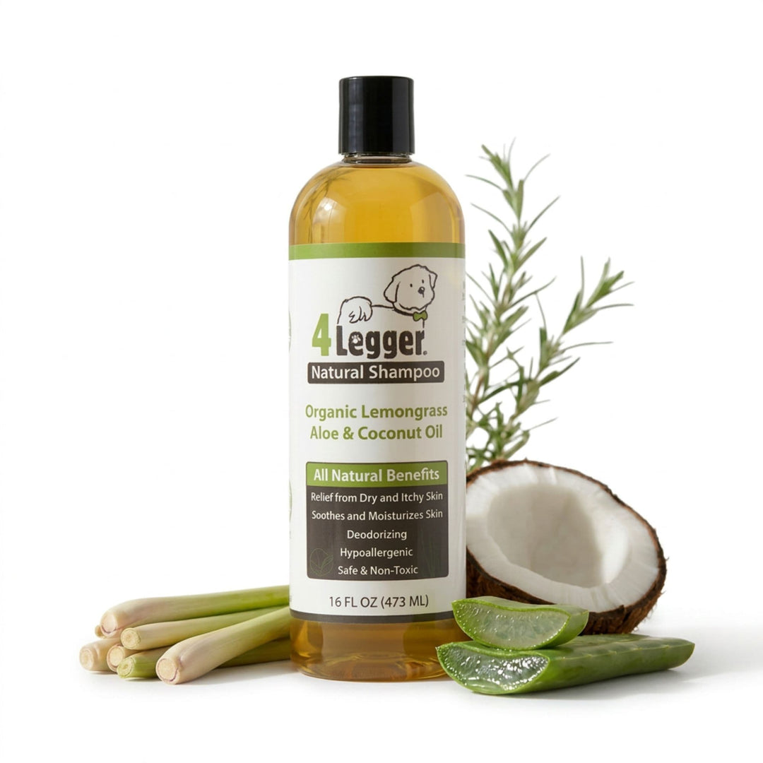 Organic lemongrass and aloe dog shampoo 16oz bottle with fresh lemongrass aloe vera coconut and rosemary ingredients