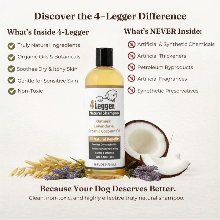 4-Legger organic dog shampoo vs conventional shampoos — no sulfates, parabens, or synthetic detergents