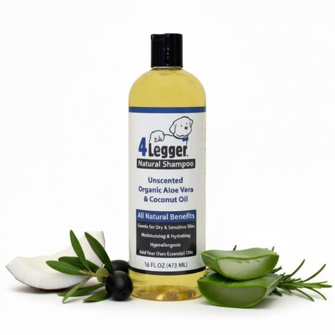 4-Legger organic unscented hypoallergenic dog shampoo bottle with aloe vera olive and coconut oil ingredients