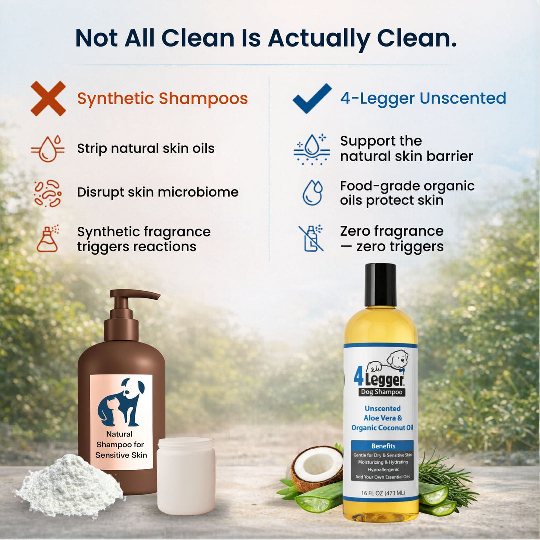 4-Legger unscented organic dog shampoo supports skin barrier — synthetic shampoos strip oils 4-Legger protects skin