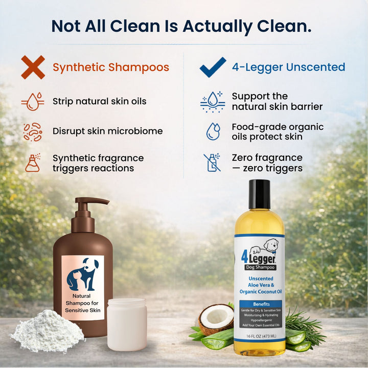4-Legger unscented organic dog shampoo supports skin barrier — synthetic shampoos strip oils 4-Legger protects skin