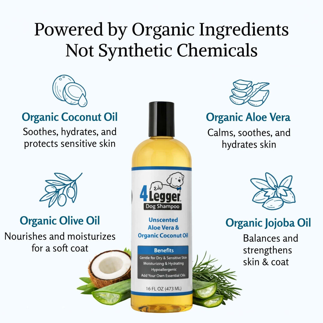 4-Legger unscented dog shampoo powered by organic coconut aloe olive and jojoba oil ingredients