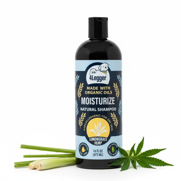 4-Legger Organic Lemongrass Hemp Dog Shampoo bottle with lemongrass and hemp leaves