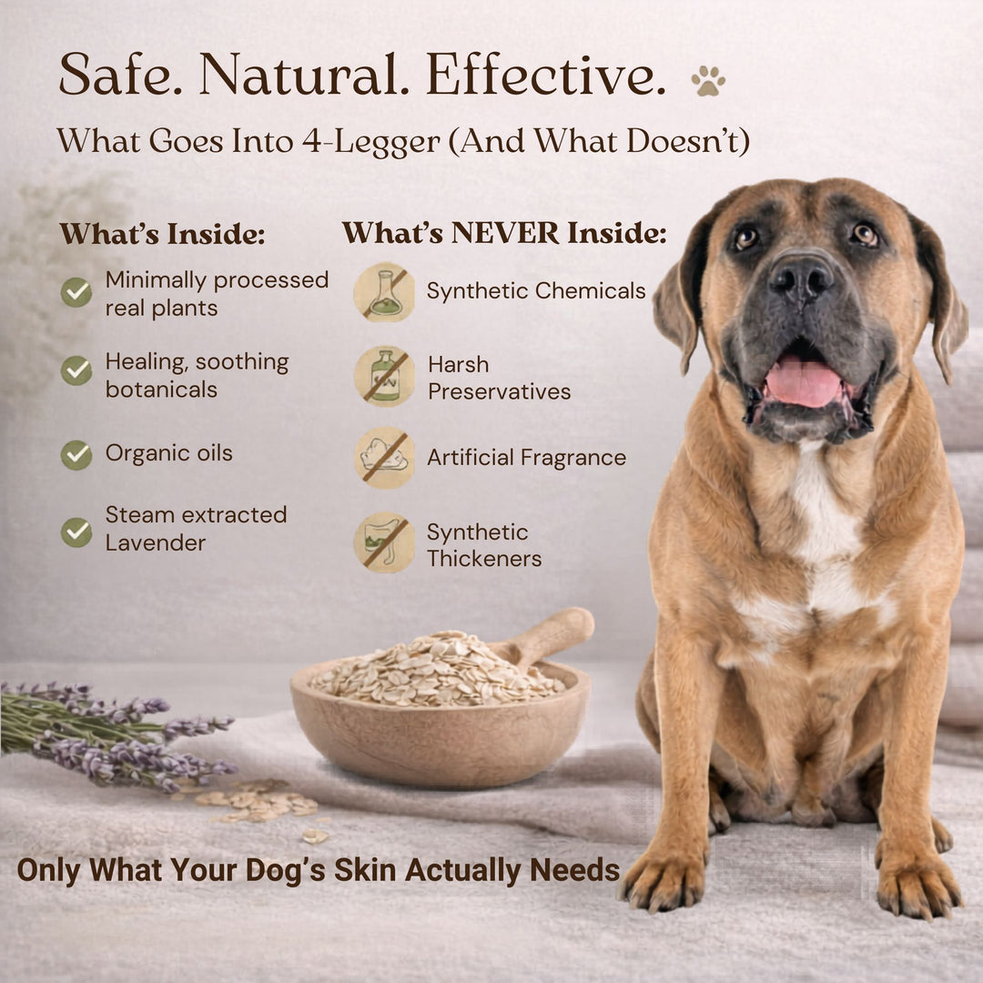 Organic oat milk, lavender essential oil, and aloe vera in 4-Legger USDA certified organic dog shampoo