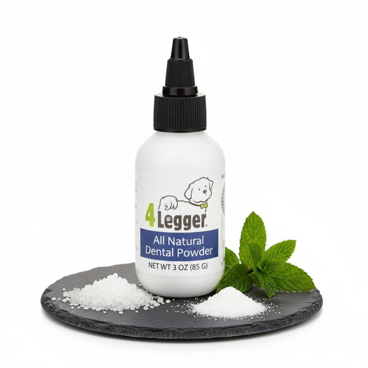4-Legger Mint Fresh All-Natural Dog Toothpaste Dental Powder bottle with baking soda, sea salt, and peppermint ingredients