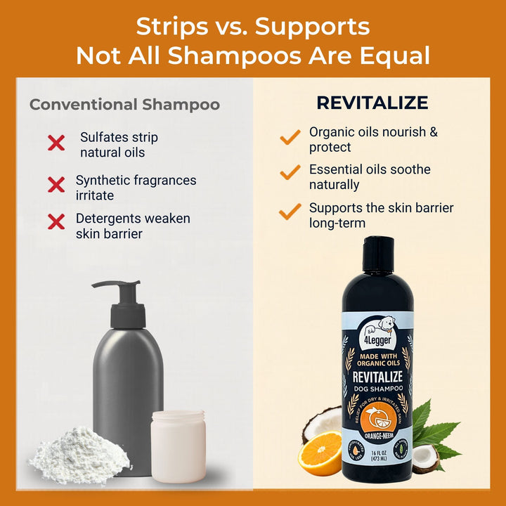4-Legger REVITALIZE organic dog shampoo supports skin barrier — conventional shampoos strip natural oils