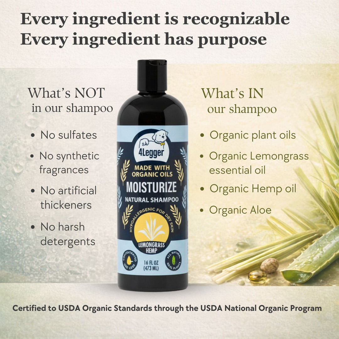 4-Legger Lemongrass Hemp shampoo bottle surrounded by organic ingredients — USDA Certified Organic