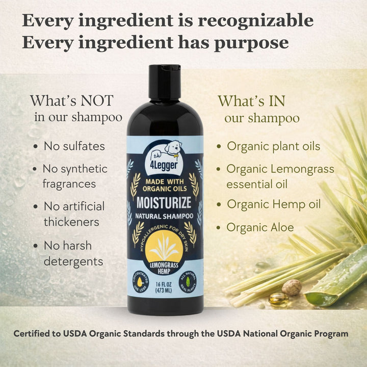 4-Legger Lemongrass Hemp shampoo bottle surrounded by organic ingredients — USDA Certified Organic
