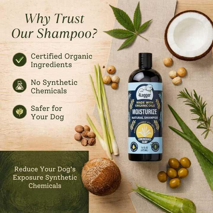 Flat lay of 4-Legger Lemongrass Hemp shampoo bottle surrounded by organic ingredients — USDA Certified Organic