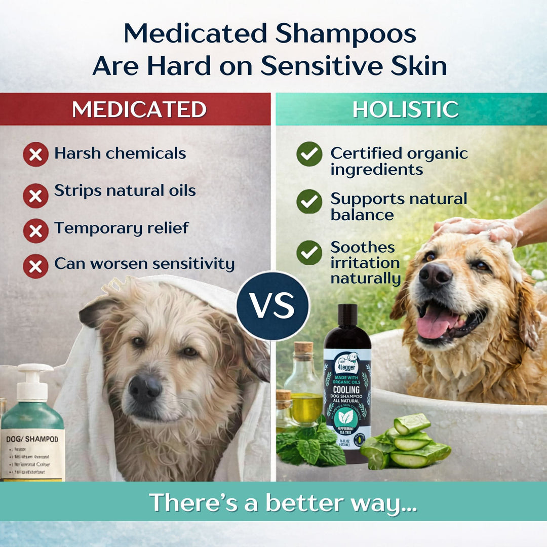 Medicated shampoo vs holistic organic dog shampoo — 4-Legger COOLING supports natural balance without harsh chemicals
