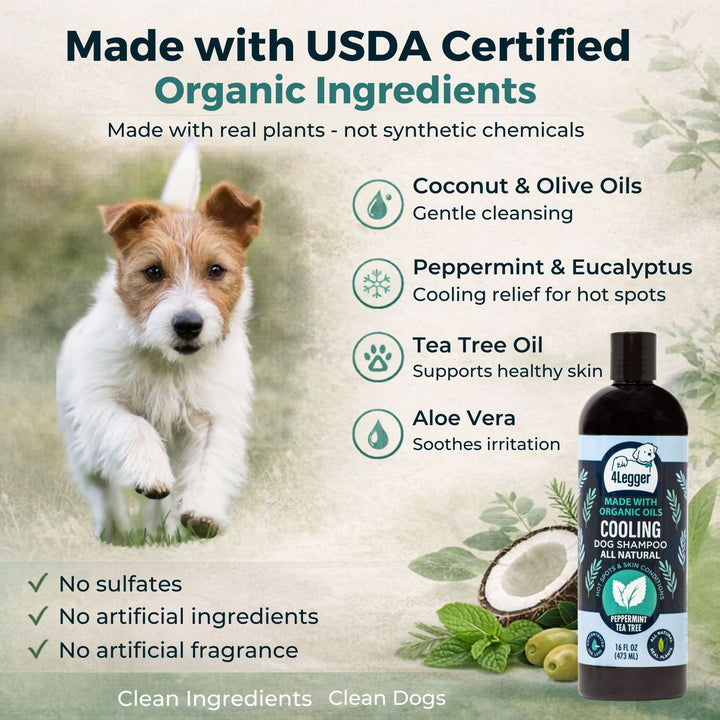 USDA certified organic dog shampoo ingredients — tea tree, peppermint, eucalyptus, coconut, olive, jojoba by 4-Legger